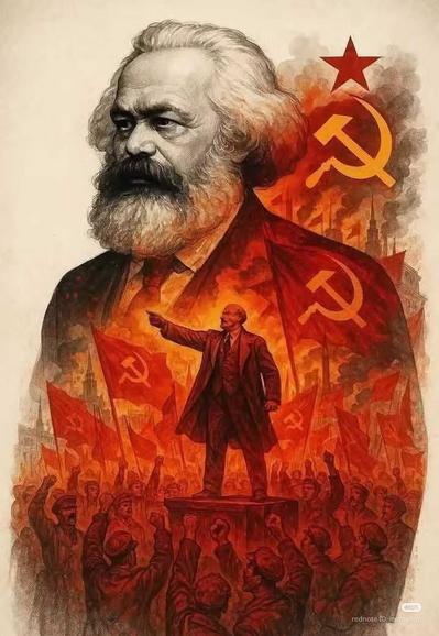 An image of Vladimir Lenin on a podium in front of a large crowd with a superimposed image of Karl Marx in the background.