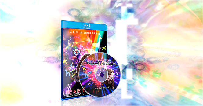 The Heart of Neon blu-ray disc and case depicted floating over a digital llama's silhouette standing in front of a psychedelic maelstrom