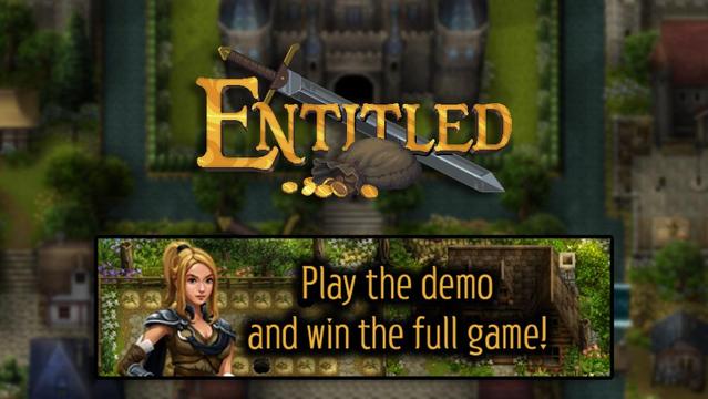 A graphic showing a screen of the game world in the background, the logo, and a CTA to play the demo. The CTA reads: Play the demo and win the full game! Next to that is a picture of one of the game's main characters.