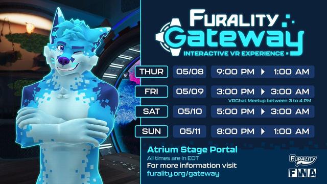 Graphics detailing the scheduled opening hours of Furality Gateway at Furry Weekend Atlanta 2025: for the Atrium Stage Portal, opening times are Thursday, 9pm-1am, Friday, 3pm-3am, Saturday, 5pm-3am, and Sunday, 8pm-1am.