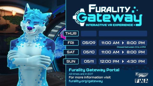 Graphic showcasing Furality Gateway opening times for VRChat and in-person at FWA. For the Furality Gateway Portal, we will be at Imperial Ballroom A, Friday 11am-8pm, Saturday 11am-6pm, and Sunday, 12am-4:30pm.