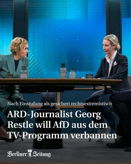 Im Bild Karin Miosga und afdlerin, Georg restle will AFD aus dem TV-Programm verbannen