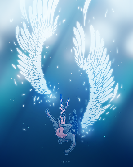 Drawing of a male angel falling from the sky while his detached wings are slowly dematerializing in the air above him.