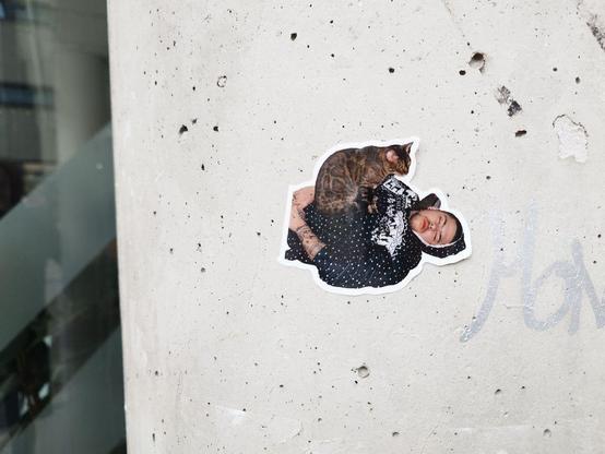 A sticker showing a photo of a person's torso lying down with a cat perched on their chest. The sticker is stuck to a rough, light-colored concrete surface.