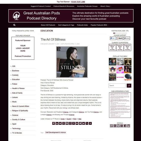 The Art Of Stillness With Arianna Pienaar 
Screenshot of the podcast listing on the Great Australian Pods website