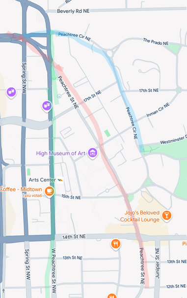 A map highlighting the intersection of Peachstree Street and W Peachtree Street, near Peachtree Circle.
