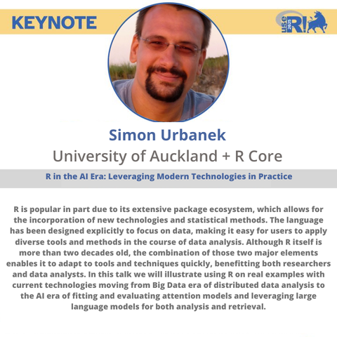 Headshot of Simon Urbanek, keynote speaker for useR! 2025 along with details on his talk.