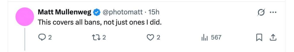 Matt Mullenweg tweeting "This covers all bans, not just ones I did."
