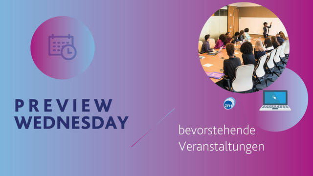 Im Hintergrund ist ein Farbverlauf von blau zu lila zu sehen (von links nach rechts). Im oberen linken Teil des Bildes ist ein Terminkalender-Icon zu sehen. Darunter steht in blau ,,Preview Wednesday''. Im oberen rechten Teil des Bildes ist in einem kreisrunden Ausschnitt ein Demo Bild für eine Konferenz zu sehen. Darunter steht in weißer Schrift ,,bevorstehende Veranstaltungen''.