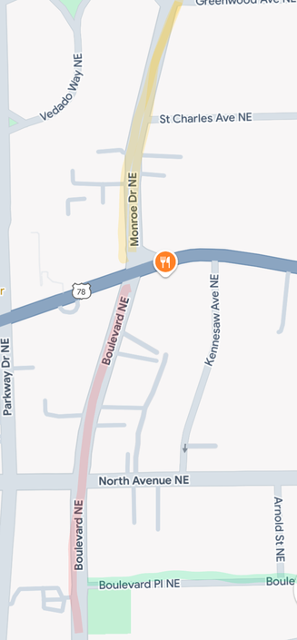 A map highlighting Monroe Drive renaming into Boulevard, near Boulevard Place.