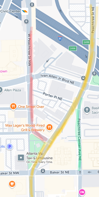 A map highlighting the intersection of Peachtree Street and West Peachtree Street near Peachtree Center Avenue.