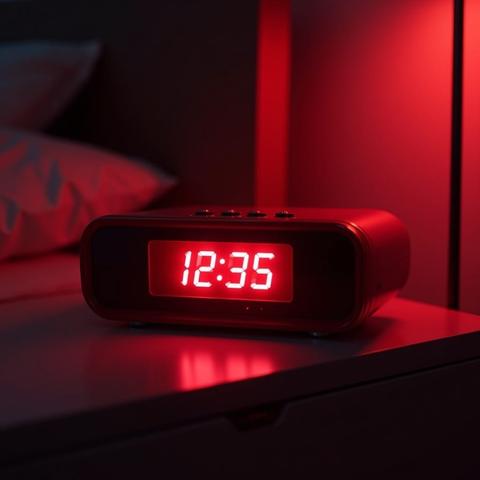 Red radio art: red clock radio on a bedside table or cabinet, four small buttons on top in a row, with a red back lit display, slightly dull white digits, showing 12:35 in  a dim red lit room