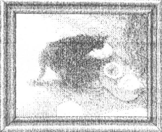 A scan of a Game Boy Camera photo printed by a Game Boy Printer. The photo is of a cat drinking water out of a bowl. The image has a picture frame border around it.