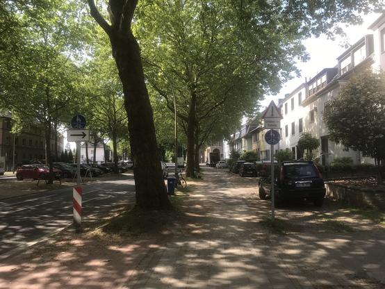 Der Radfahrer wird durch ein Radwegschild von der Fahrbahn auf den Gehweg geleitet.