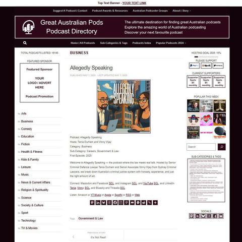 Allegedly Speaking
Screenshot of the podcast listing on the Great Australian Pods website