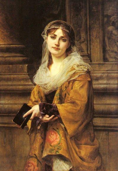 Portrait de Norma Tessum-Onda, une jeune femme vêtue d'un élégant manteau brodé de motifs floraux, tenant un livre noir dans ses mains. Un voile blanc recouvre délicatement sa tête. L'arrière-plan présente des détails architecturaux en pierre, suggérant qu'elle se trouve à la sortie d'une église. Il s'agit d'une Œuvre du peintre Charles-Louis Müller, réalisée vers 1870.