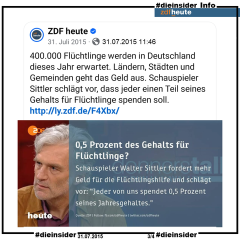Auf Slide 3 zeigen wir als Info den ZDF heute Post vom 31.07.2015 

"400.000 Flüchtlinge werden in Deutschland dieses Jahr erwartet. Ländern, Städten und Gemeinden geht das Geld aus. Schauspieler Sittler schlägt vor, dass jeder einen Teil seines Gehalts für Flüchtlinge spenden soll." und einem Sharepic mit 
"0,5 Prozent des Gehalts für Flüchtlinge? Schauspieler Walter Sittler fordert mehr Geld für die Flüchtlingshilfe und schlägt vor: »Jeder von uns spendet 0,5 Prozent seines Jahresgehaltes.«"