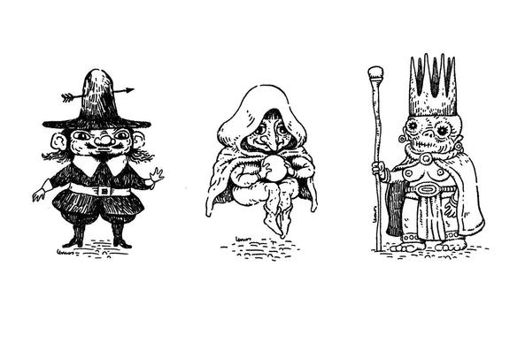 Drawing of 3 tiny wizards, one looks like a pilgrim, other levitates holding a cristal nall, and other looks like an undead king.