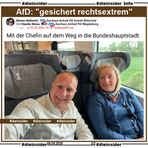 Als Info zeigen wir einen Post von Steven Hellmuth, AfD Sachsen-Anhalt KV Anhalt-Bitterfeld mit Claudia Weiss, MdB AfD Sachsen-Anhalt KV Magdeburg vom 05.05.2025 gemeinsam im Zug und "Mit der Chefin auf dem Weg in die Bundeshauptstadt."