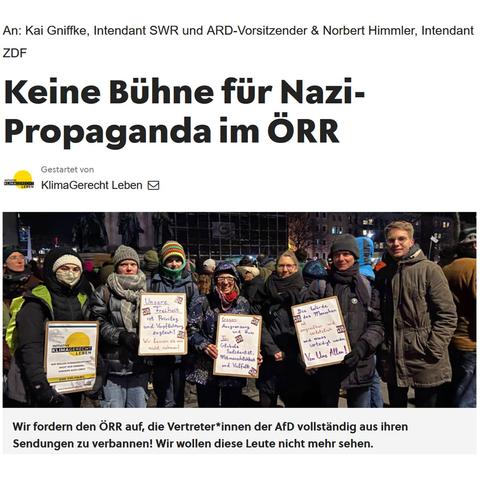 Bild der Petition mit dem Text: "Keine Bühne für Nazi-Propaganda im ÖRR"