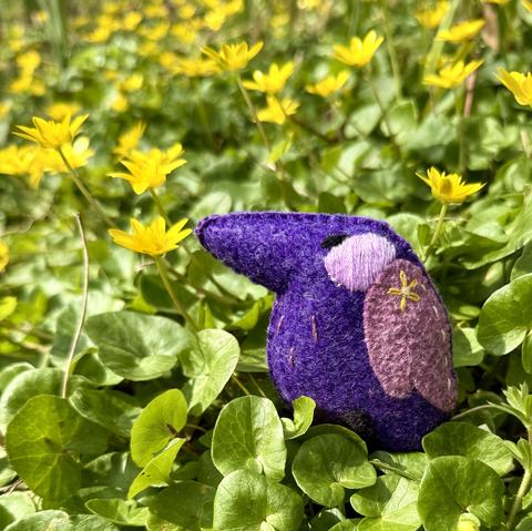 Standing in ground covering leaves, a little purple felt crow with a happy, squinty eye, a bit embroidered pink blush and a small yellow flower embroidered on it’s wing is smelling an actual small yellow flower.