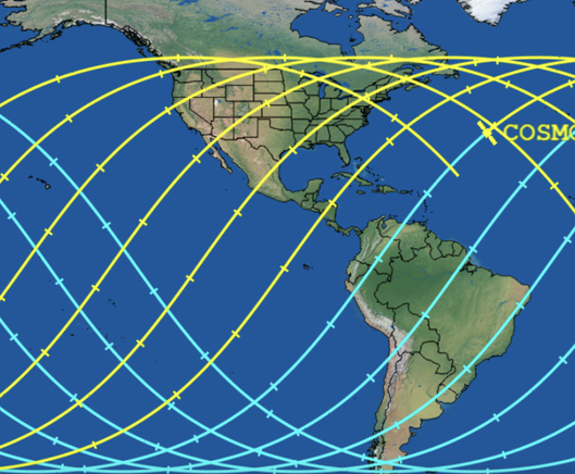 A picture of tracks over the flattened earth projection shows a number of red and blue tracks indicating possible paths for the satellite when it reenters. Two of the paths are relatively near Vancouver Island with one going directly over.