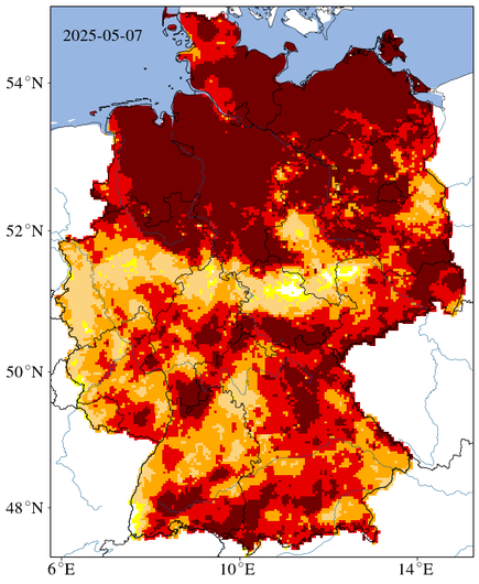 Die Deutschlandkarte des Dürremonitors zeigt eine schwere Dürre insgesamt, und eine außergewöhnliche Dürre in Norddeutschland.
