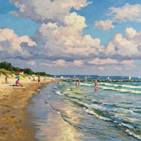 A vibrant beach scene captures people enjoying the sun and surf under a sky filled with fluffy clouds. Sailboats dot the horizon as gentle waves lap against the sandy shore.