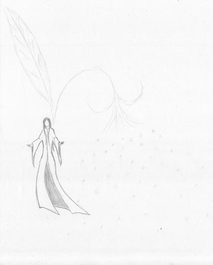 Pencil drawing of a female figure floating, behind her a giant pale plant releasing pollen/spores/stars/light from its singular giant blossom