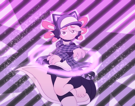 a digital drawing of an anthropomorphic axolotl with a smug look on their face. they're wearing cat eared headphones and an otherwise pretty casual fit with shorts and a plaid shirt.
the axolotl has one arm crossed over the other, and a leg bent.
there's a purple, glowy circle around them.
the background is glowy, purple, diagonal stripes, with triangles on the edges.