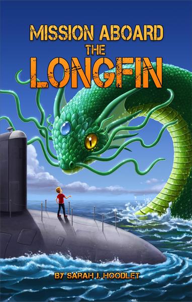 The cover of my forthcoming middle grade story, Mission Aboard the Longfin.

The cover features a young boy standing on the deck of a submarine. He's facing away from the reader, staring up at a massive sea dragon, who has bright green scales, tendril-like whiskers, and dark golden eyes.

The title (in the top third of the image) and author's name (along the bottom) are in a burnt orange/yellow, block-style font.