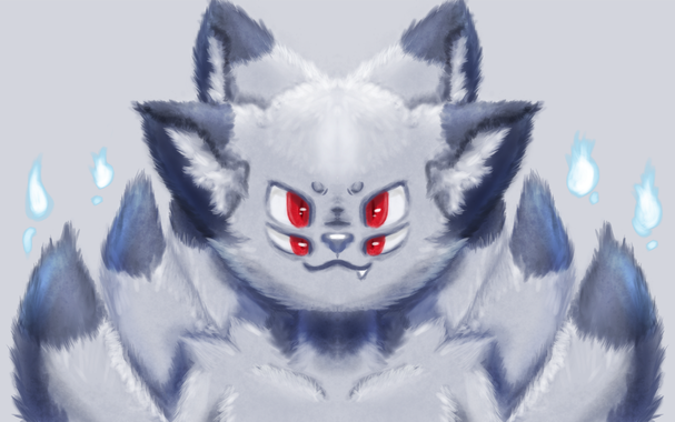 A portrait of a fox monster looking forwards. They have two pairs of crimson eyes, and two pairs of ears with black tips. A small snagglefang peeks from their lips. Behind them, six black-tipped kitsune tails stand upwards, and blue fire (kitsunebi) floats among them.

© 2025 Marlow D. Alfonso Díaz, all rights reserved.