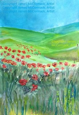 G.
Poppy Summer Red. 
Red summer poppies against verdant hills and a blue sky. The poppies are up front with the green rolling hills fading into a blue sky