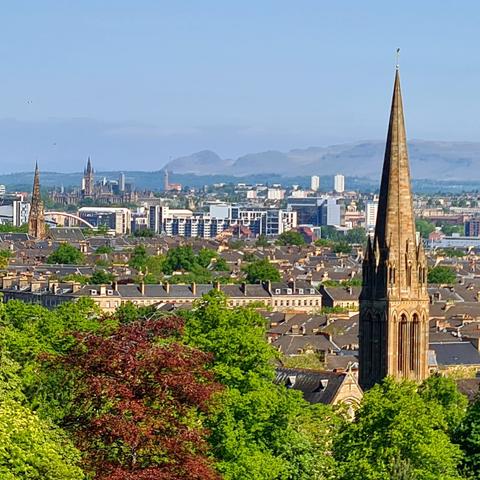 Looking out across Glasgow to the hills beyond.
