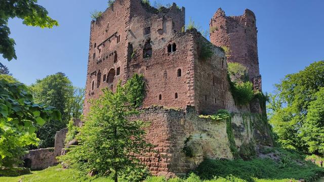 le château dans son ensemble, le bâtiment principal et le donjon à l'arrière, vu de l'extérieur