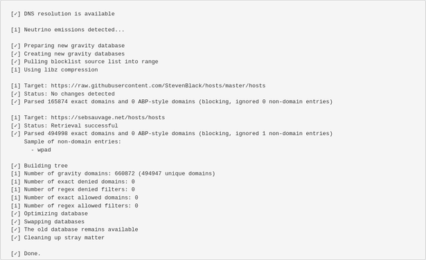Capture d'écran de la console PiHole après intégration de la liste de blocage maintenue par SebSauvage. J'aurai mis que 2 ans à comprendre comment faire marcher mon SBC.