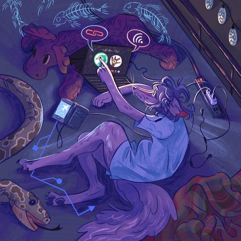 A painting of Sheyote in bed, surrounded by large plushies and a blanket. She's looking at her tablet, on a call with Peahen. Blue fish skeletons swim around above her.