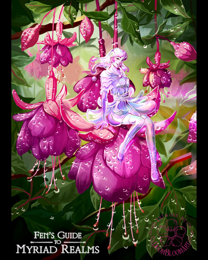 Digital painting: A tiny liquid girl sitting on top of fuchsia flowers covered in morning dews. She wears liquid clothes that vaguely resemble fuchsia flowers and drip a little bit. Background shows more fuchsia flowers and leaves.