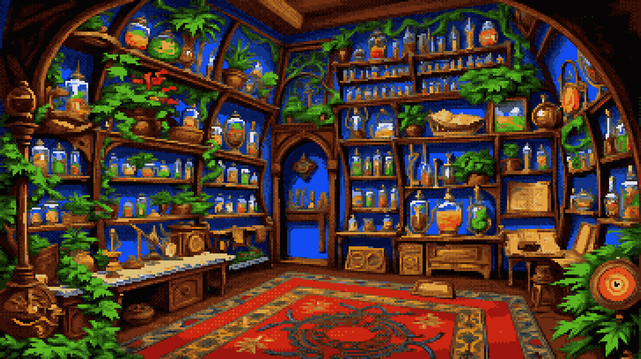 Pixel art of a cobalt sanctuary breathes with the weight of ages, a curved wall a silent tide of midnight blue cradling a thousand glass constellations, each vessel a captured sunset or a powdered star, spilling botanical secrets in a riot of emerald and jade. Shelves, like tiered balconies, display a hoard of liquid jewels and earthy whispers, while a crimson and gold rug anchors a table burdened with the relics of transformation: a brass astrolabe charting forgotten skies, a mortar and pestle grinding time into dust, parchment scrolls unfurling like ancient vines. A pendulum clock, a metallic heartbeat, ticks within the clutter, shadowed by the press of knowledge, and a carved screen filters the light, a wooden veil drawn across the pursuit of transmutation, while a lone palm, a verdant sentinel, reaches towards a distant archway, a promise of further chambers echoing with the scent of herbs and the glimmer of arcane fire.