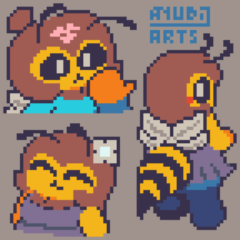 A Pixel Art featuring Poli, an anthropomorphic and a bit chubby bee.

Top Left: Poli is wearing her usual outfit, but she's in a state of shock due to a kiss mark on her forehead. She her hand on her face.

Right: Poli is seen from behind, she's wearing a purple dress and is staring behind her with a blush. Her antennae are raised, and her tiny wings/bee abdomen can be seen.

Bottom Left: Poli has a happy expression, with a flower placed at her hair.