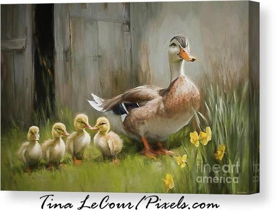 This is a canvas of a mother duck with four of her ducklings standing in some daffodil flowers in front a gray barn.