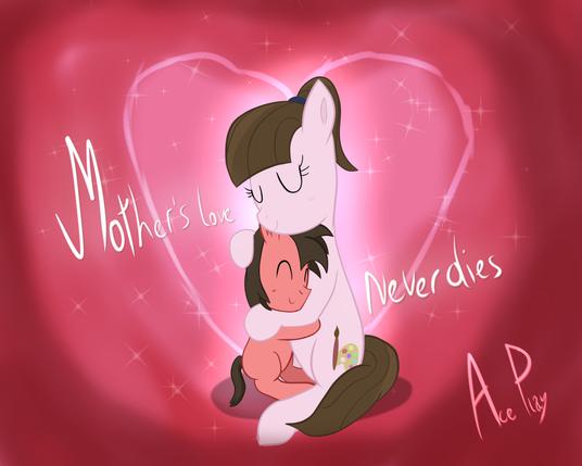 Illustration of My Little Pony OC characters Ace Play (red colt) and Charm Palette (pink pony) hugging each other in a pinkish-red background surrounded by heart-shaped colors.

Caption reads "Mother's love never dies"