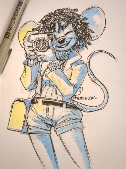 Watercolour sketch by Tealful Eyes of an anthropomorphic mouse woman taking a photo of the viewer with their camera.