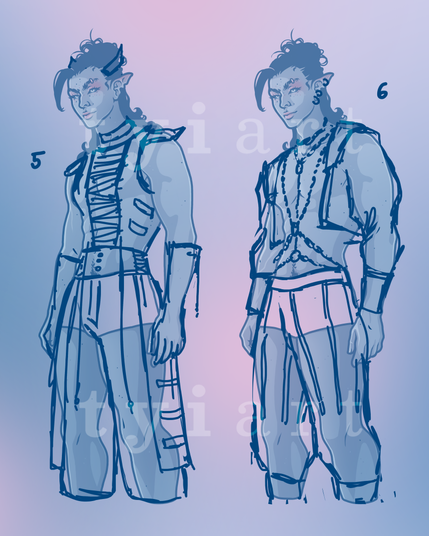 two sketches of outfits on my male oc isaiah