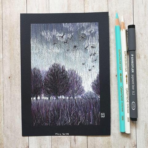 A colour drawing in mixed media of an area of parkland with grasses and trees at early morning, there is light low on the horizon, and birds flying in the cloudy sky. It is a very reduced palette of violet and grey.
An original art work
Colour pencil and mixed media on acid free toned artist paper
5 by 7 inches (12.7 by 17.8 cm). This is a standard photo size in the UK and USA and should be easy to DIY frame.
Sold unframed