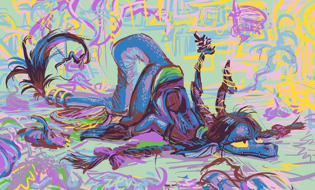 anthropomoprhic lizard creature with braided hair, blue skin, a sweater and bright green shoes seems to have fallen forward onto the ground and temporarily lost the ability to function