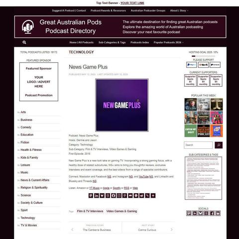 News Game Plus
Screenshot of the podcast listing on the Great Australian Pods website