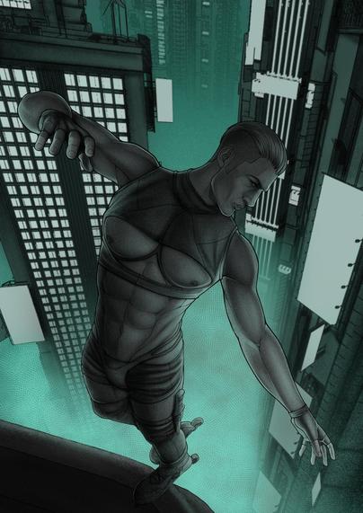 The artwork with my OC Minz balancing on the edge of the building. You can't see the street from up there, it's very high.