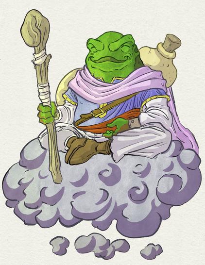A color illustration of an anthropomorphic frog. He is sitting in a meditative pose, on a floating grey cloud. 
He is short and stout with green skin and is wearing a pink cloak, a blue tunic and a gourd container attached to his back. His right hand is holding a gnarled wooden quarterstaff.