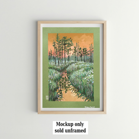 A small drawing of a landscape with a river. A sunset scene with green trees and grasses speckled with white wildflowers and an orange sky, the trees are reflected in the water.
The drawing is on green pastel paper.
An original art work
Colour pencil and mixed media on acid free toned artist paper
5 by 7 inches (12.7 by 17.8 cm).
Sold unframed